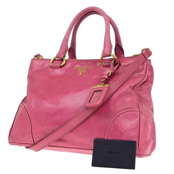PRADA Logo 2Way Shoulder Hand Bag Vitello Shine Leather Pink Peonia GHW 87YH123 - Picture 1 of 16